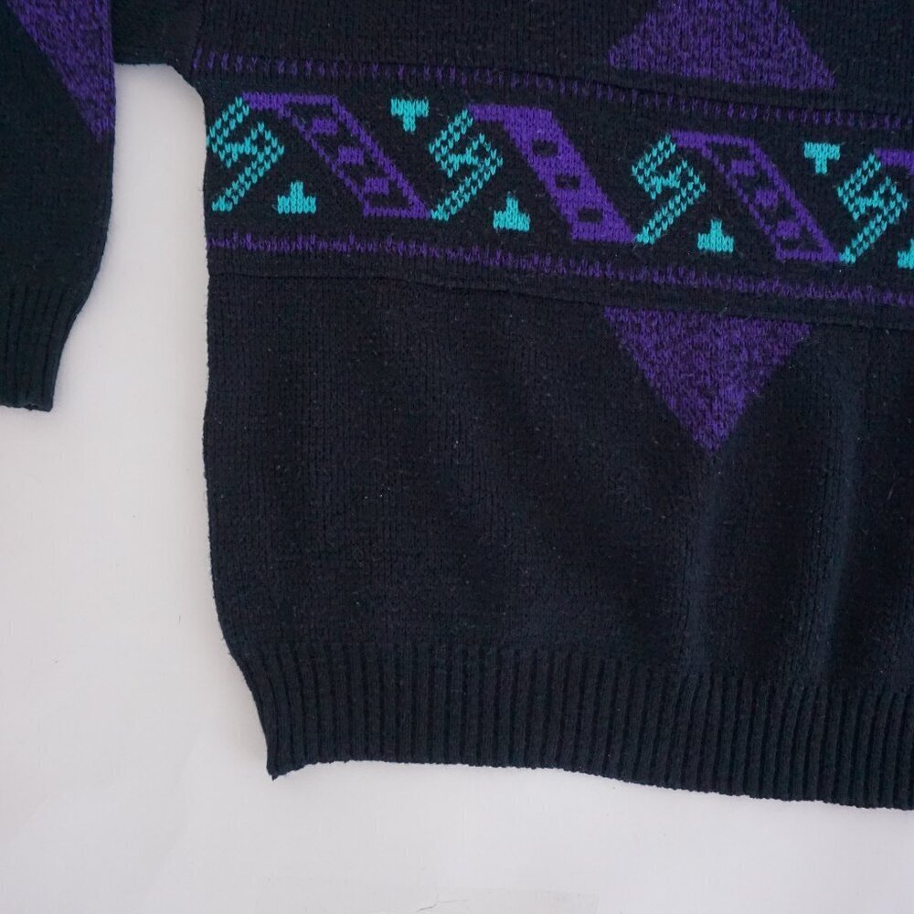 Vintage Bronzini Purple Black Geometric Knit Sweater Abstract Pattern Large - Picture 9 of 10